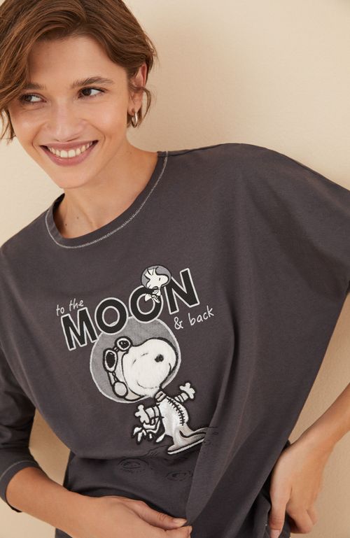 Pijama Largo 100% Algodón Snoopy Moon Gris Women'Secret Licencias Black And White