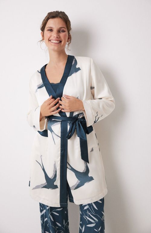 Bata Midi Satén Estampado Pájaros Blanco Women'Secret