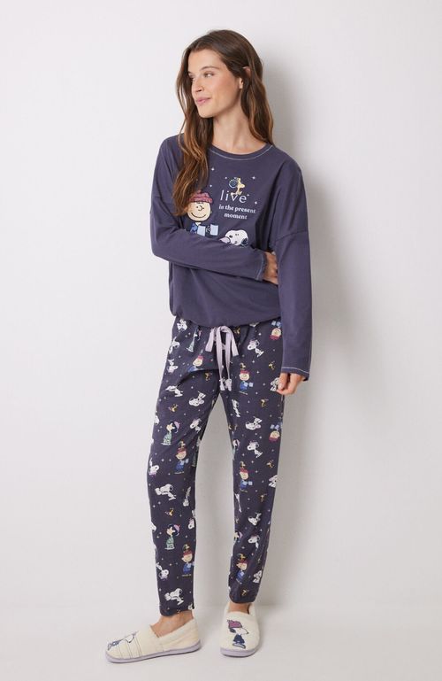Pijama Largo 100% Algodón Morado Snoopy Azul Women'Secret