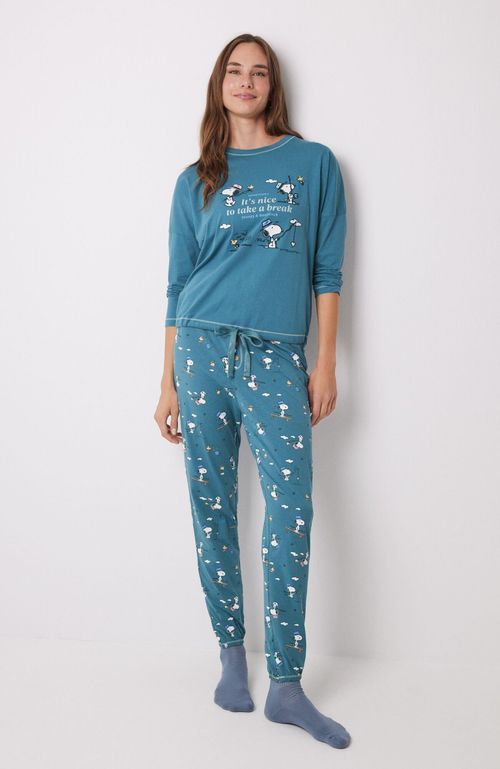 Pijama Largo 100% Algodón Snoopy Verde Women'Secret