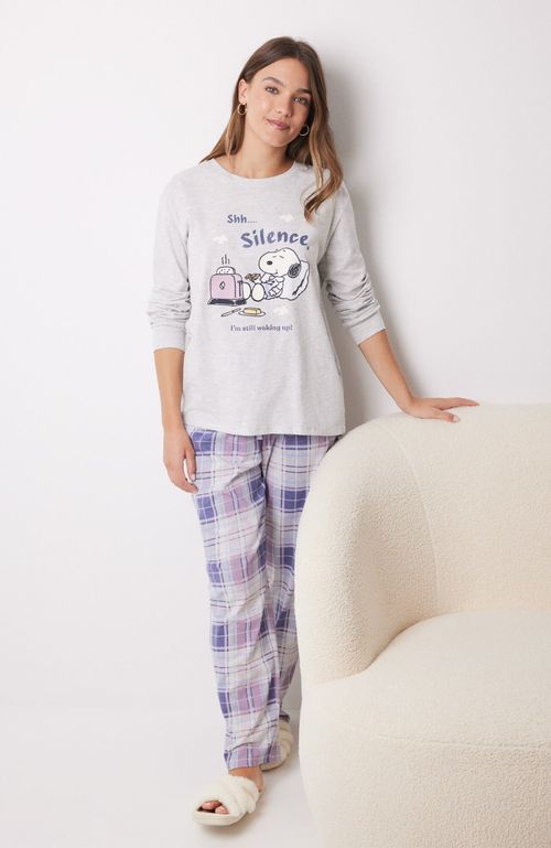 Pijama Largo 100% Algodón Snoopy Cuadros Gris Women'Secret