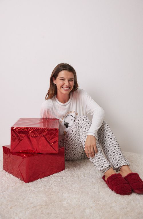 Pijama Largo Súper Soft Snoopy Marfil Beige Women'Secret