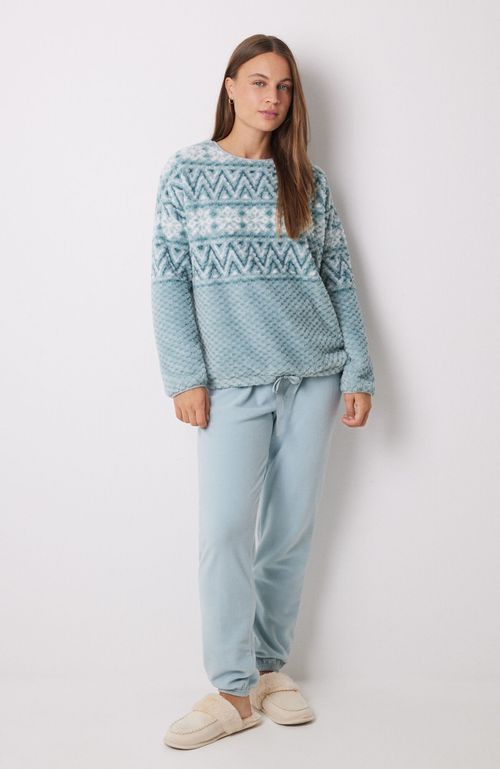 Pijama Largo Polar Efecto Jacquard Azul Verde Women'Secret