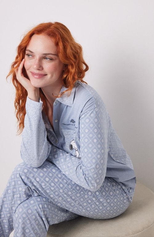Pijama Camisero Largo 100% Algodón Rayas Y Flores Azul Claro Women'Secret
