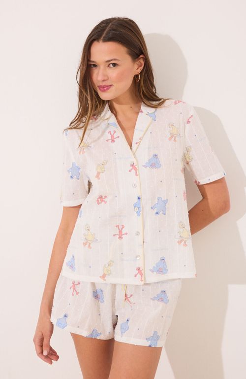 Pijama Camisero Punto Blanco "Barrio Sésamo" Blanco Women'Secret
