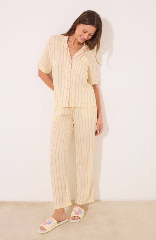 Pijama Camisero Satén Rayas Smiley Amarillo Women'Secret