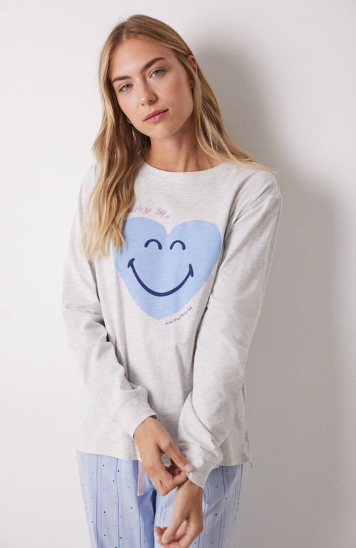 Pijama Largo 100% Algodón Azul Corazones Gris Claro Women'Secret