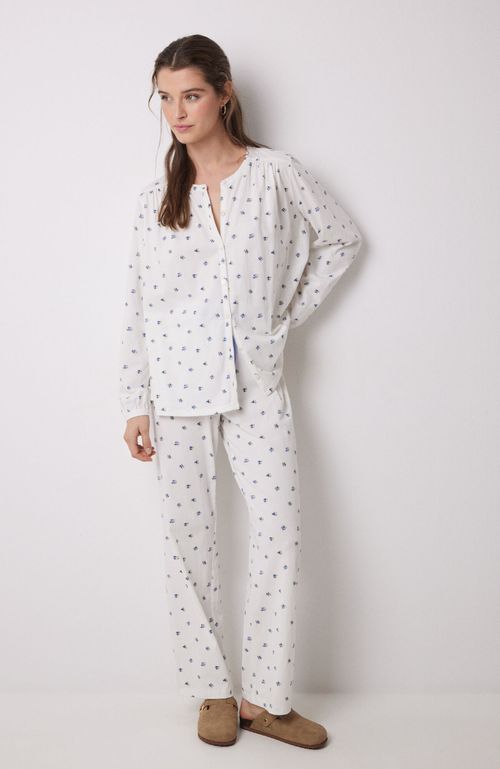 Pijama Largo 100% Algodón Blanco Flores Azul Women'Secret