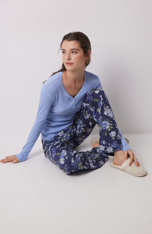 Pijama Largo 100% Algodón Canalé Azul Flores Azul Women'Secret