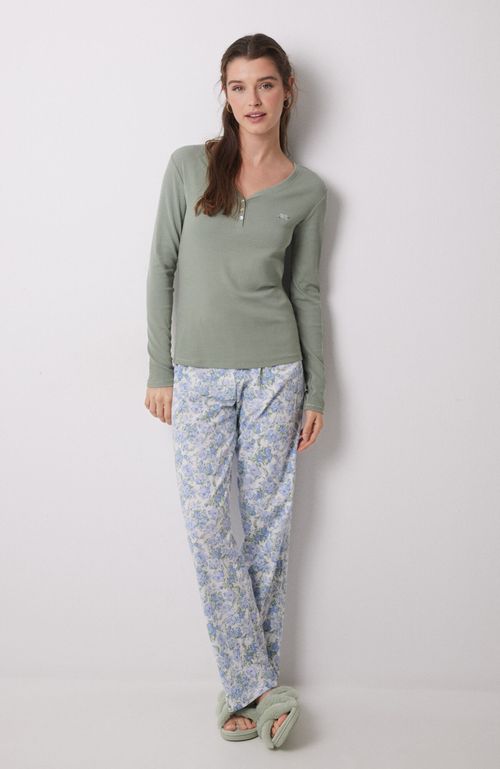 Pijama Largo 100% Algodón Canalé Verde Flores Verde Women'Secret