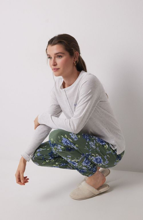 Pijama Largo 100% Algodón Estampado Flores Gris Claro Women'Secret