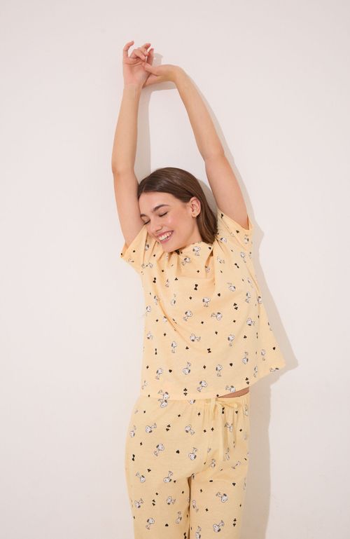 Pijama Largo Manga Corta Algodón Snoopy Amarillo Amarillo Women'Secret