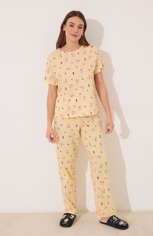 Pijama Largo Manga Corta Algodón Snoopy Amarillo Amarillo Women'Secret