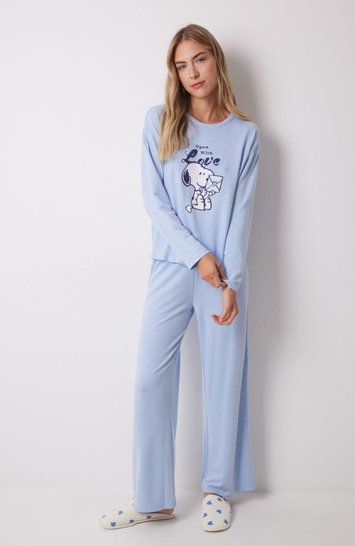 Pijama Largo Textura Acanalada Snoopy Azul Claro Women'Secret
