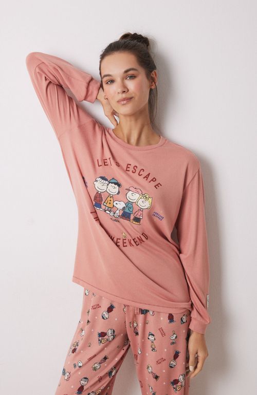 Pijama Largo Súper Soft Rosa Snoopy Naranjo Women'Secret