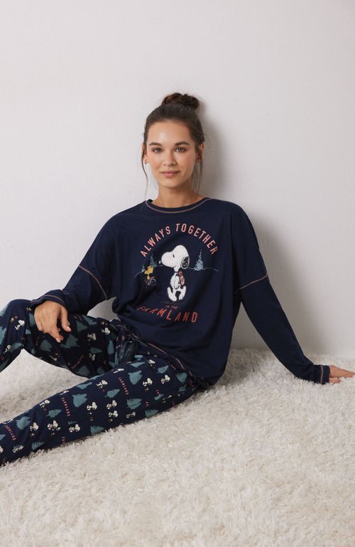 Pijama Largo 100% Algodón Azul Snoopy Azul Oscuro Women'Secret