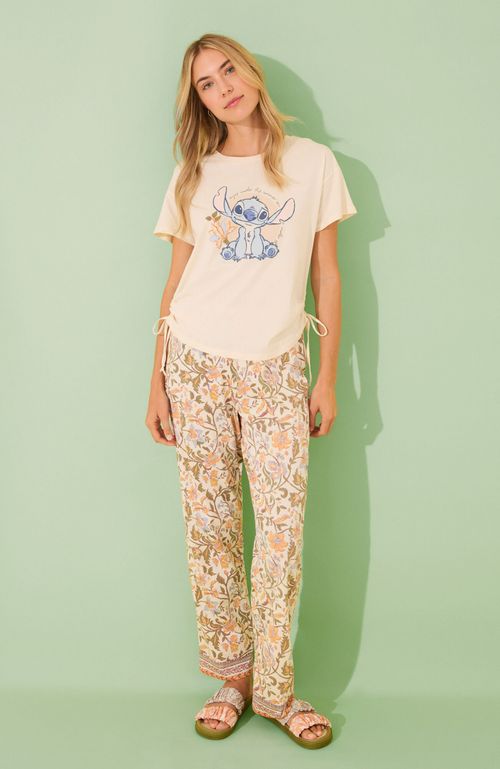 Pijama Largo Algodón Lilo & Stitch Crema Women'Secret