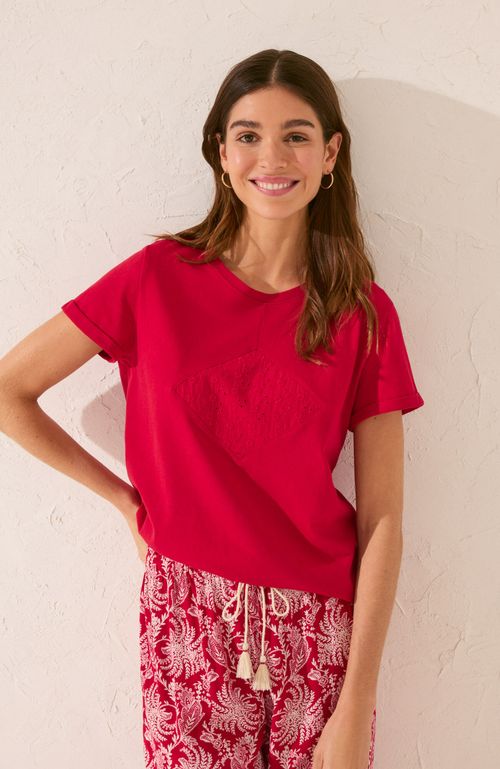 Polera Manga Corta 100% Algodón Bordado Rojo Women'Secret