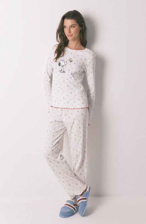 Pijama largo algodón Snoopy flores blanco